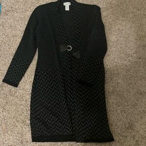 Dark gray/black printed long cardigan with buckle